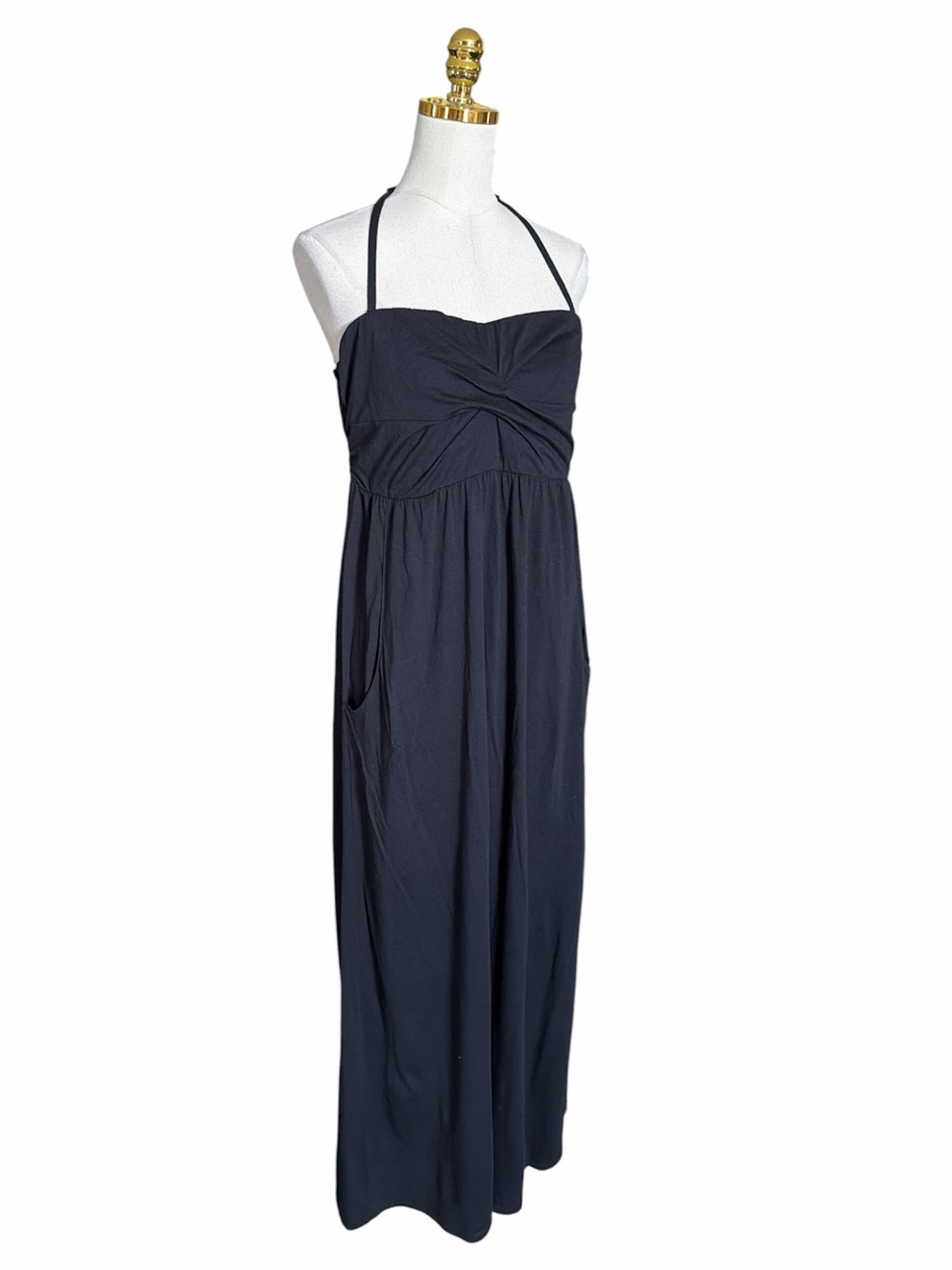 Garnet Hill Black Halter Maxi Dress Cotton Modal Twist Neck Pockets Womens Large - Picture 2 of 12